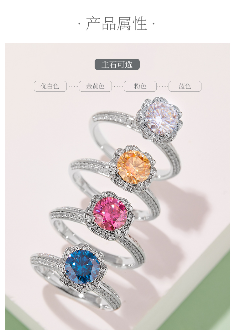 直臂豪镶爱心手捧花S925银镀白金莫桑钻女戒1克拉D级 - 2
