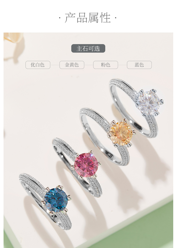 半壁江山S925银镀白金莫桑钻女戒1克拉D级 - 2
