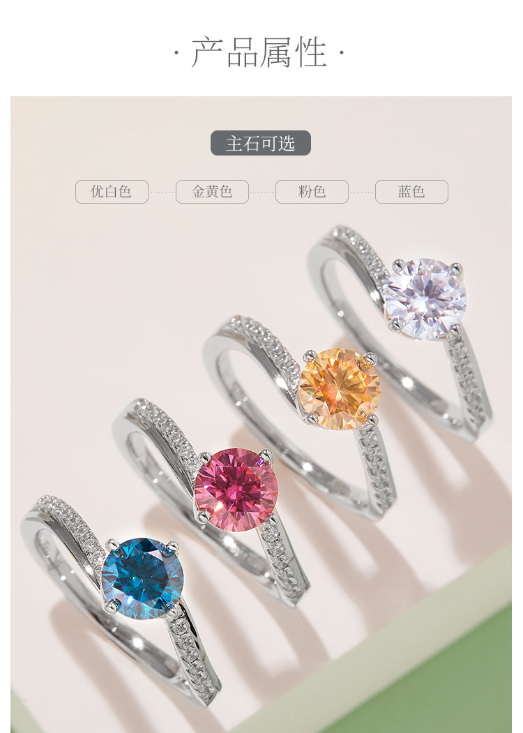 幸福相拥S925银镀白金莫桑钻女戒1克拉D级 - 2