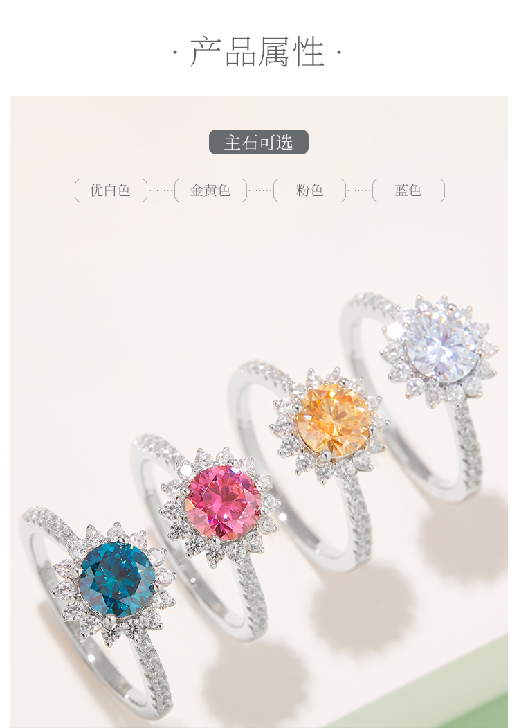 太阳花S925银镀白金莫桑钻女戒1克拉D级 - 2