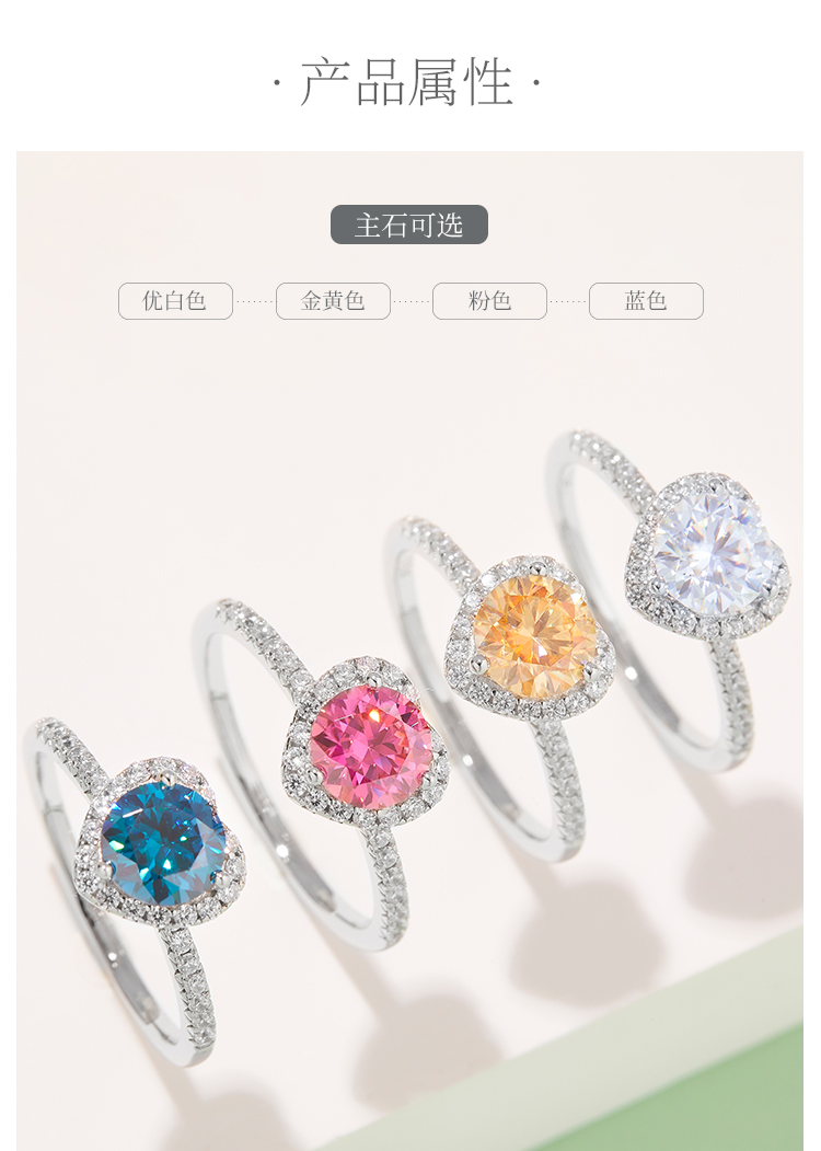 一心一意S925银镀白金莫桑钻女戒1克拉D级 - 2