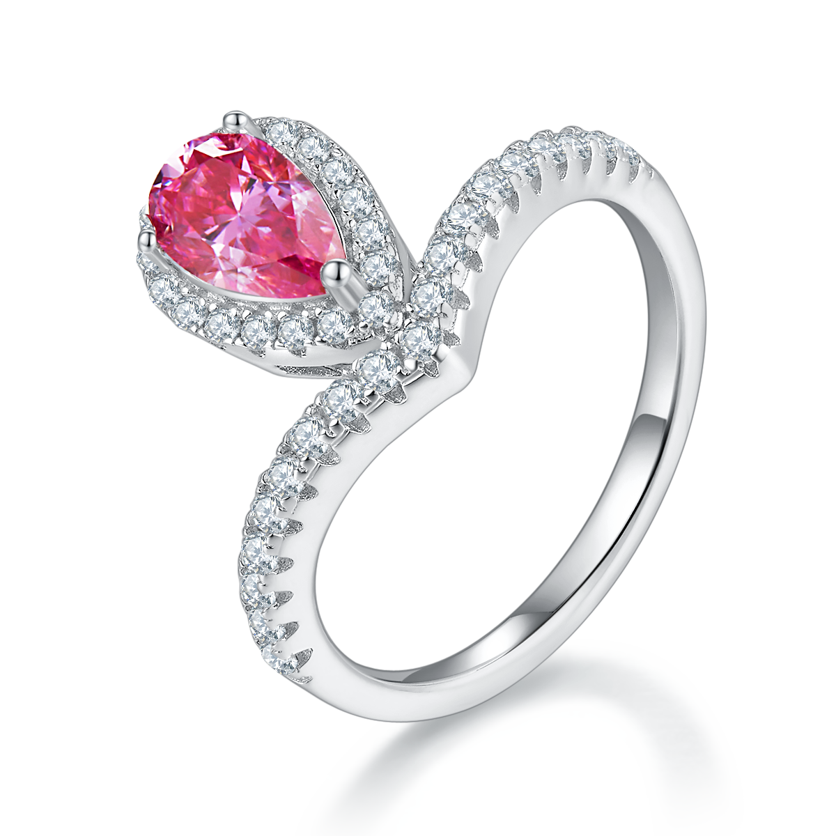 V-shaped minimalist water droplet S925 silver plated platinum colored moissanite diamond women's ring 1 carat D-grade