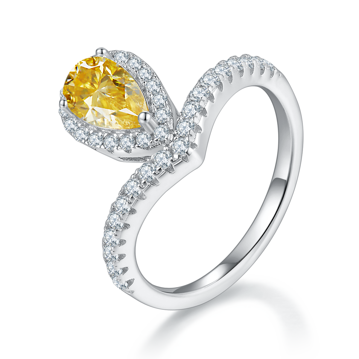V-shaped minimalist water droplet S925 silver plated platinum colored moissanite diamond women's ring 1 carat D-grade