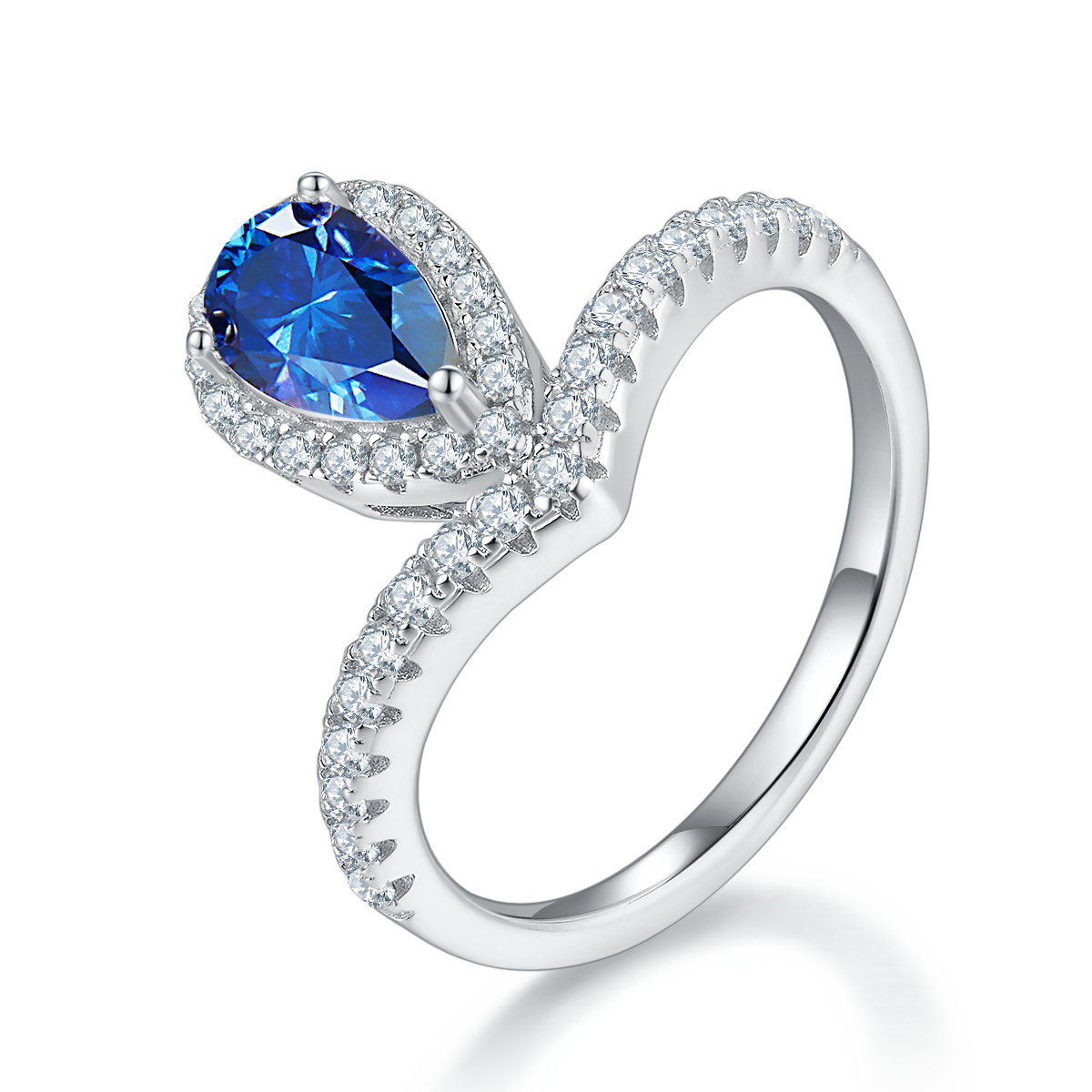 V-shaped minimalist water droplet S925 silver plated platinum colored moissanite diamond women's ring 1 carat D-grade