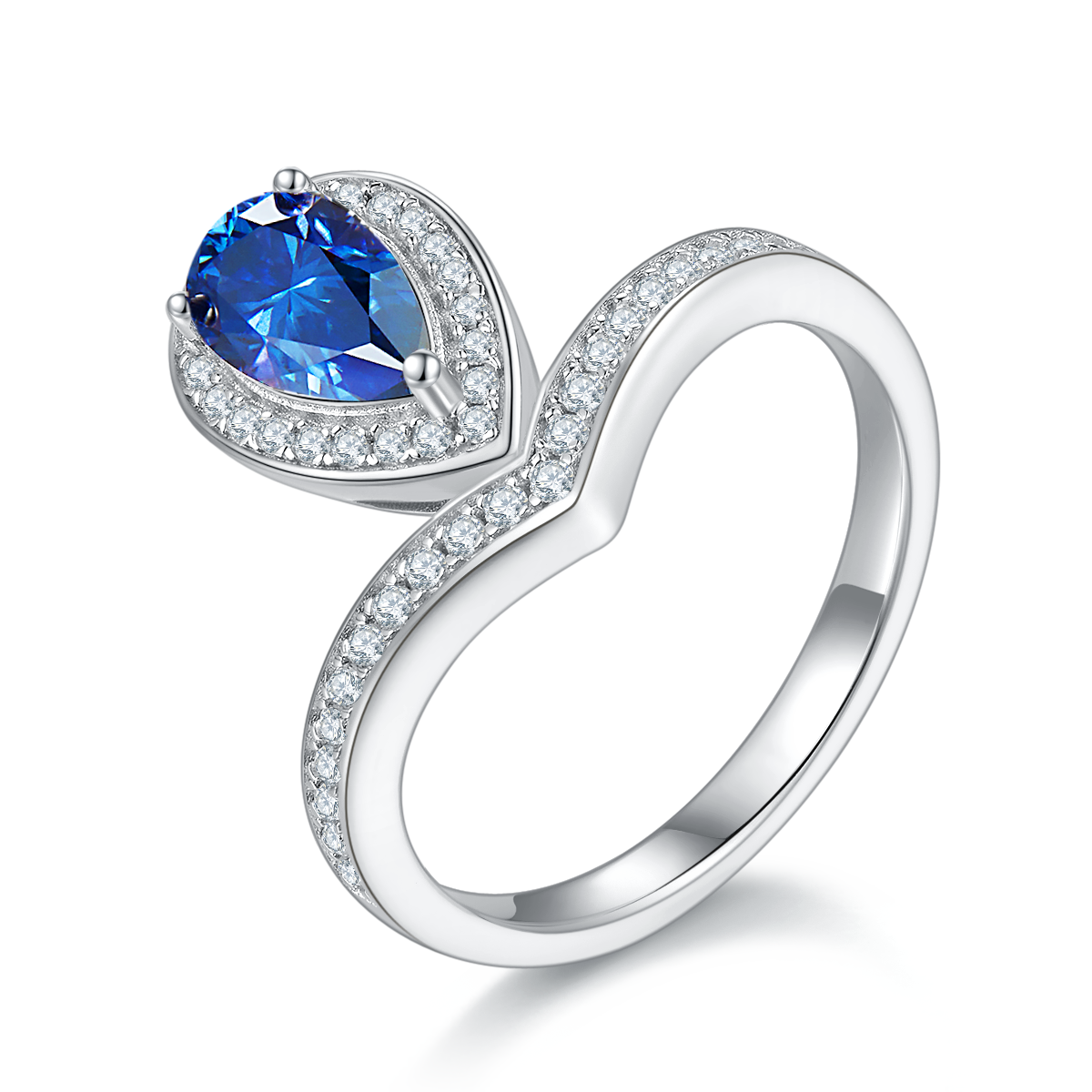 V-shaped Tiger Edge Water Drop S925 Silver Plated Platinum Colored Moissanite Diamond Women's Ring 1 Carat D-Class