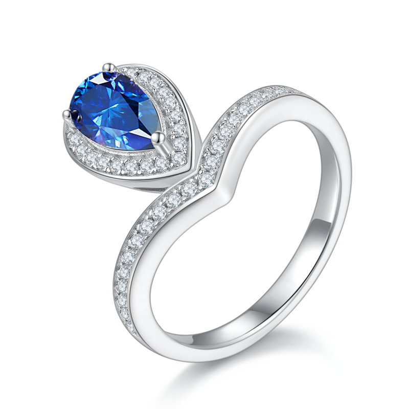 V字虎边水滴S925银镀白金彩色MoissaniteWomen's Ring1ctD级