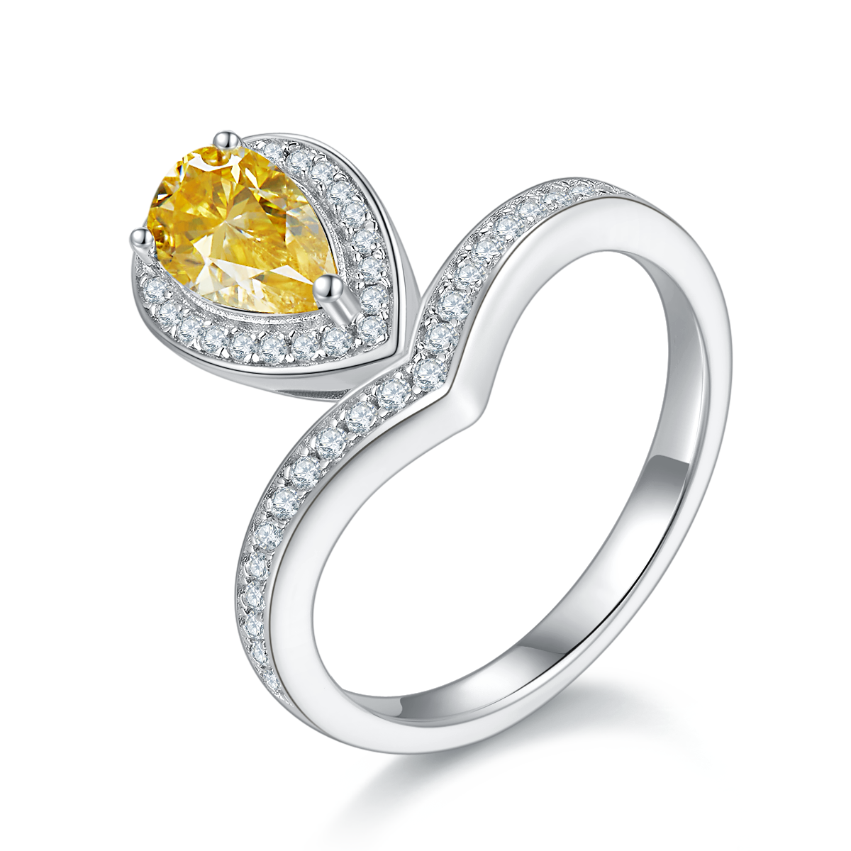 V-shaped Tiger Edge Water Drop S925 Silver Plated Platinum Colored Moissanite Diamond Women's Ring 1 Carat D-Class