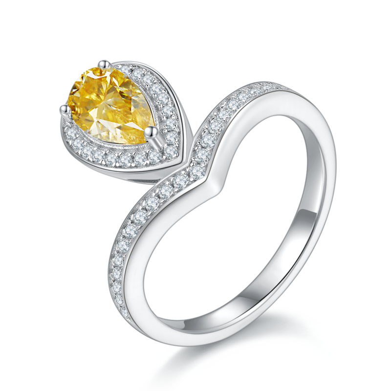 V字虎边水滴S925银镀白金彩色MoissaniteWomen's Ring1ctD级
