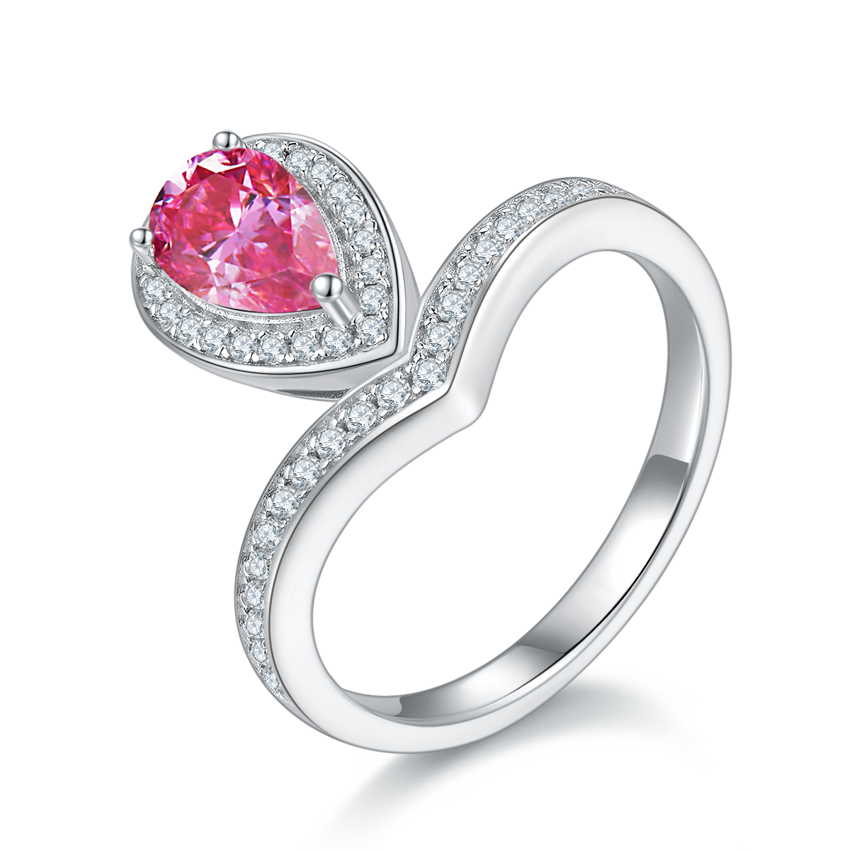 V-shaped Tiger Edge Water Drop S925 Silver Plated Platinum Colored Moissanite Diamond Women's Ring 1 Carat D-Class