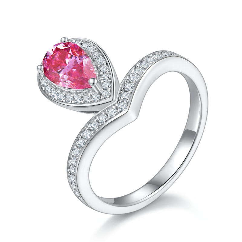 V字虎边水滴S925银镀白金彩色MoissaniteWomen's Ring1ctD级