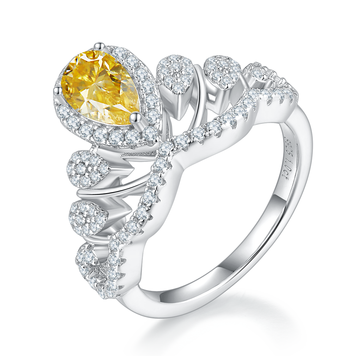 V-shaped Queen Water Drop S925 Silver Plated Platinum Colored Moissanite Diamond Women's Ring 1 Carat D-Class