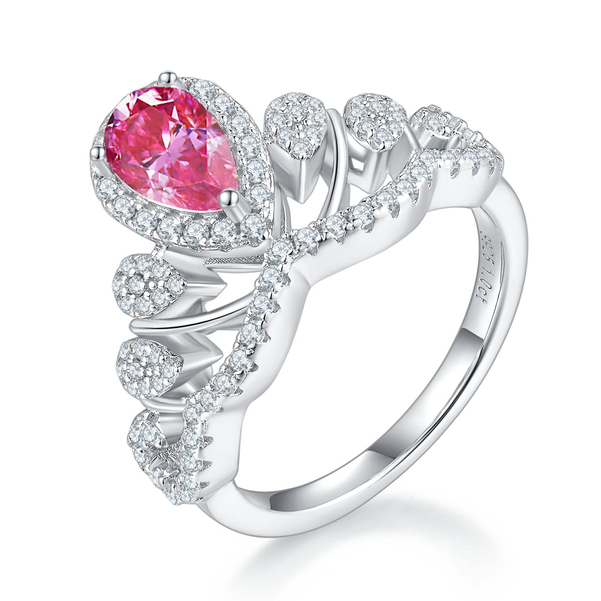 V-shaped Queen Water Drop S925 Silver Plated Platinum Colored Moissanite Diamond Women's Ring 1 Carat D-Class