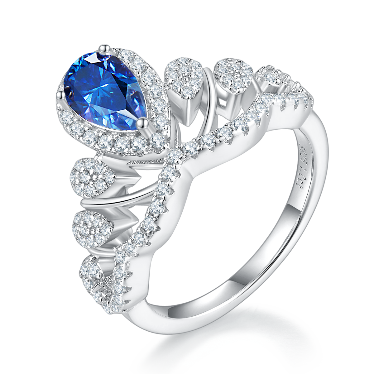V-shaped Queen Water Drop S925 Silver Plated Platinum Colored Moissanite Diamond Women's Ring 1 Carat D-Class