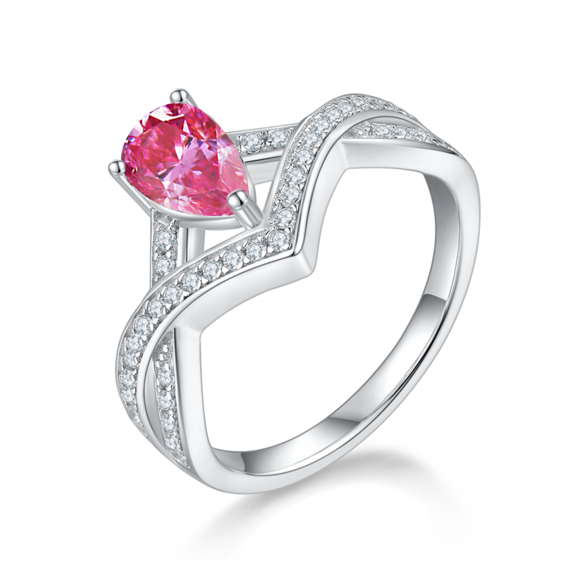 V字锁爱水滴S925银镀白金彩色MoissaniteWomen's Ring1ctD级