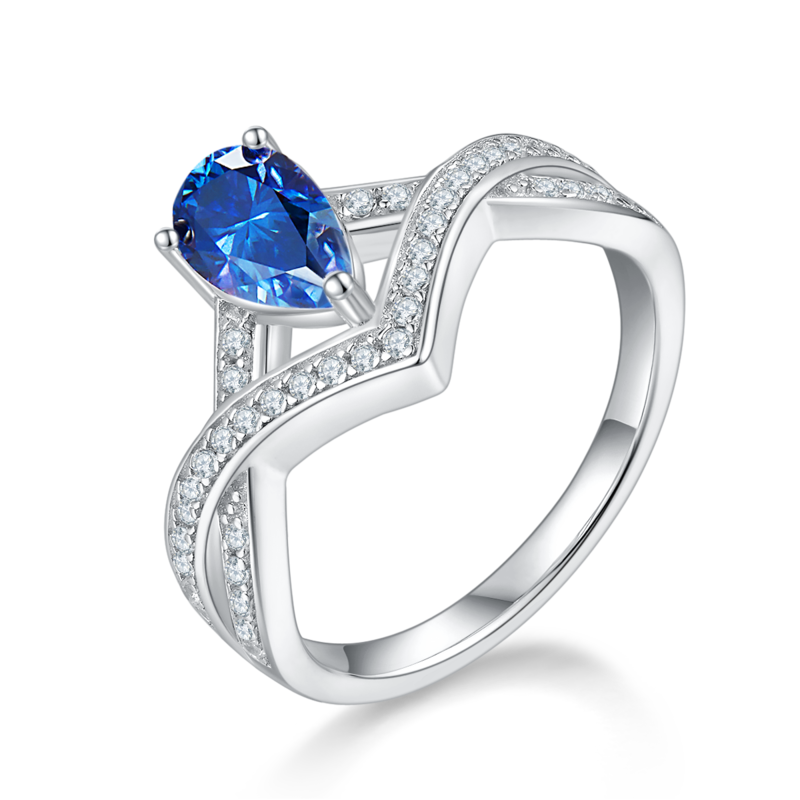 V字锁爱水滴S925银镀白金彩色MoissaniteWomen's Ring1ctD级