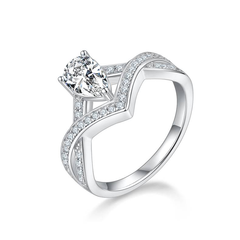 V字锁爱水滴S925银镀白金彩色MoissaniteWomen's Ring1ctD级