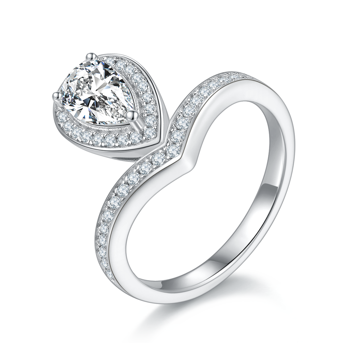 V-shaped Tiger Edge Water Drop S925 Silver Plated Platinum Colored Moissanite Diamond Women's Ring 1 Carat D-Class