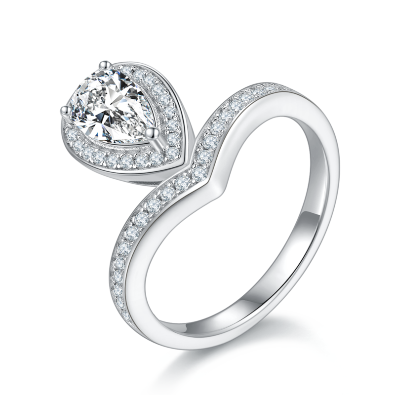 V字虎边水滴S925银镀白金彩色MoissaniteWomen's Ring1ctD级