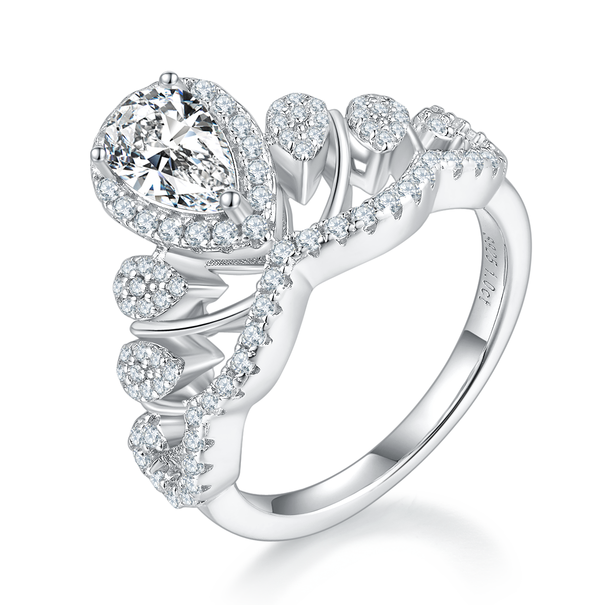 V-shaped Queen Water Drop S925 Silver Plated Platinum Colored Moissanite Diamond Women's Ring 1 Carat D-Class