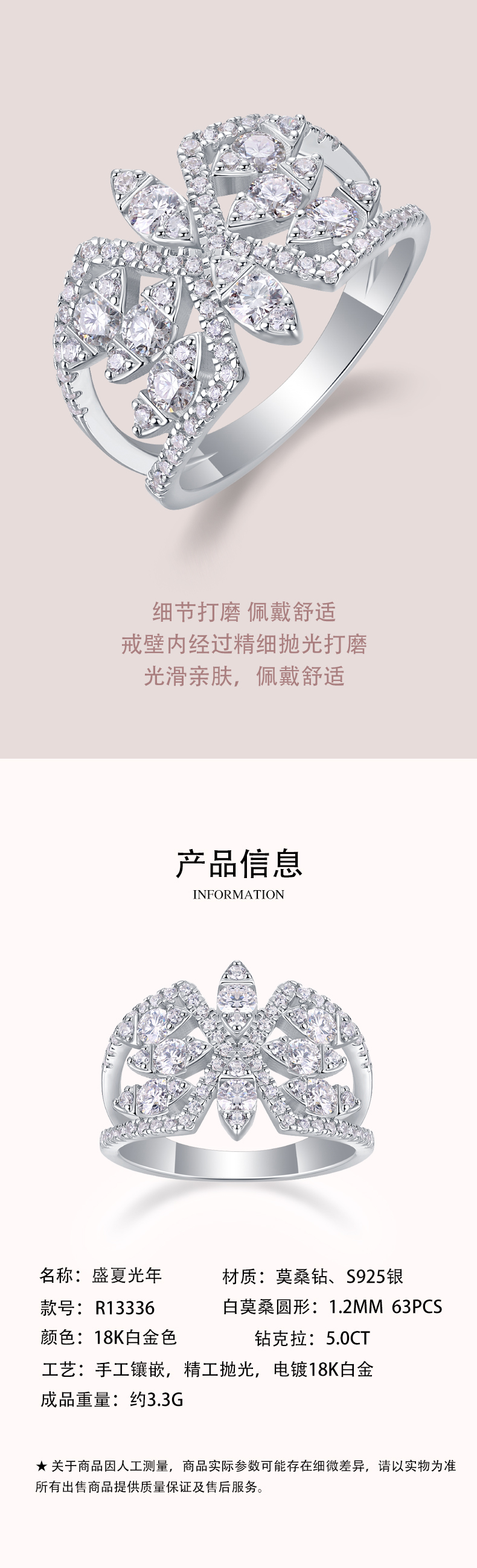 R13336款S925银镀18K白金女戒莫桑钻厘石1.0CT - 3