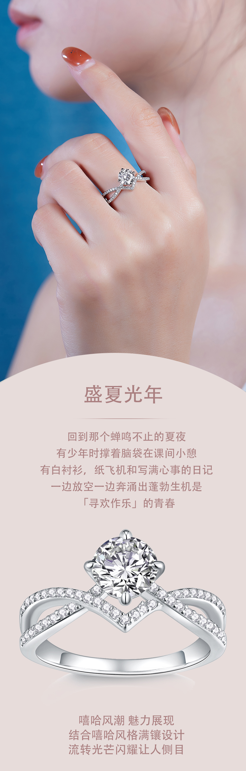 R13543款S925银镀18K白金女戒莫桑钻1.0CT - 1