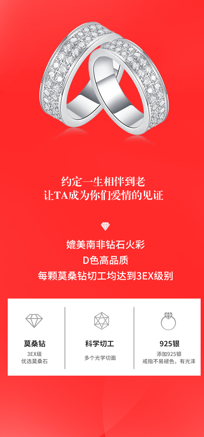 R13154款S925银镀18K白金女戒莫桑钻厘石2.0CT - 2