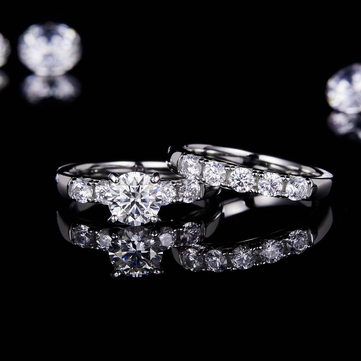 四爪女戒S925银镀18k白金主副套戒叠戴定制主石莫桑钻1.0ct/副石高碳钻