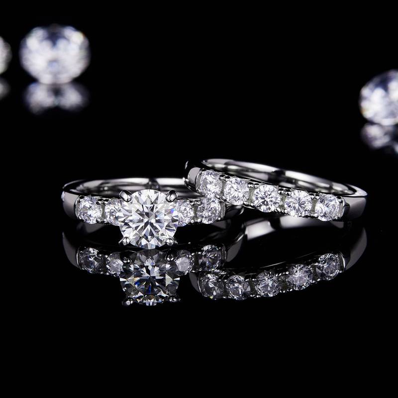 Four Claw Women's Ring S925 Silver Plated 18k White Gold Primary and Secondary Set Ring Stacked Customized Main Stone Moissand Diamond 1.0ct/Secondary Stone High Carbon Diamond
