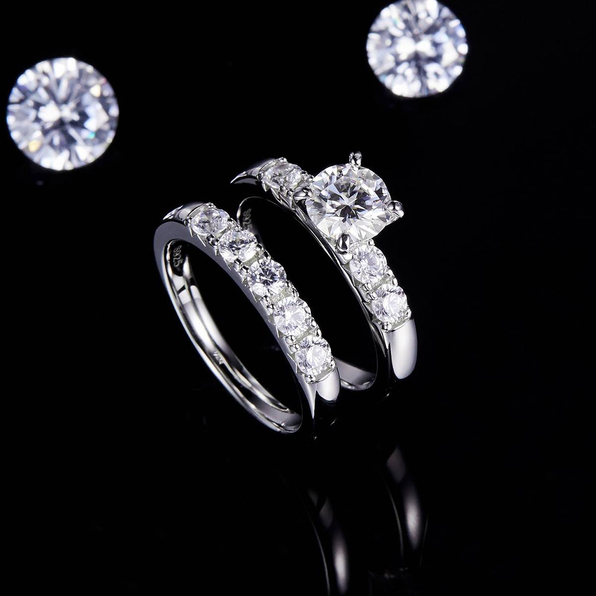 四爪女戒S925银镀18k白金主副套戒叠戴定制主石莫桑钻1.0ct/副石高碳钻