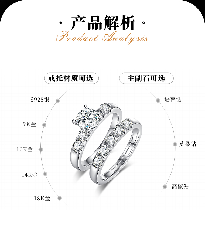 四爪女戒S925银镀18k白金主副套戒叠戴定制主石莫桑钻1.0ct/副石高碳钻 - 2