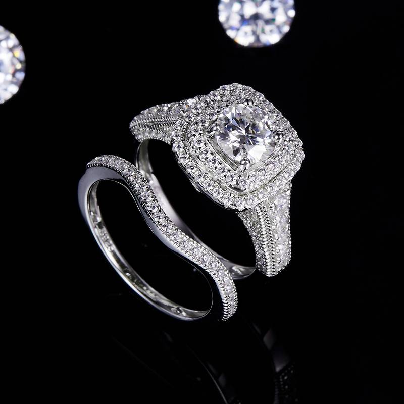 Fang Bao Women's Ring S925 Silver Plated 18k White Gold Primary and Secondary Set Ring Stacking Customized Main Stone Moissanite Diamond 1.0ct/Secondary Stone High Carbon Diamond