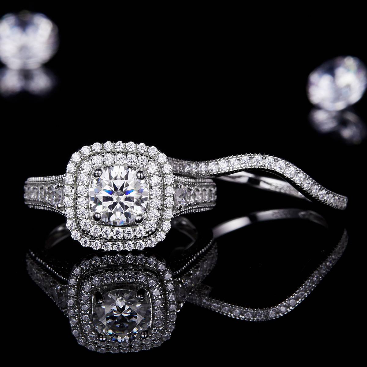 方包女戒S925银镀18k白金主副套戒叠戴定制主石莫桑钻1.0ct/副石高碳钻