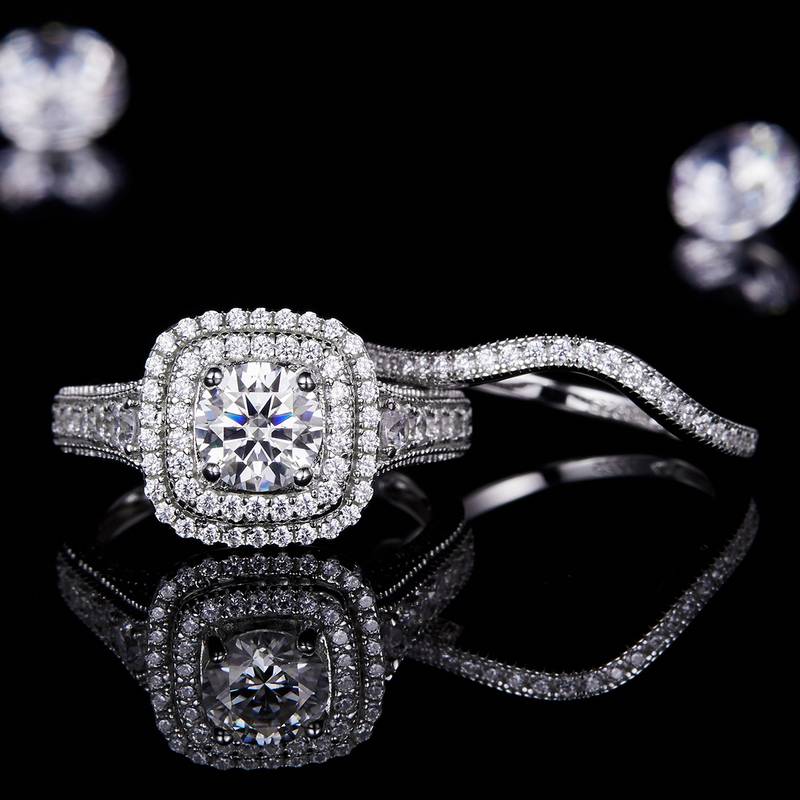 Fang Bao Women's Ring S925 Silver Plated 18k White Gold Primary and Secondary Set Ring Stacking Customized Main Stone Moissanite Diamond 1.0ct/Secondary Stone High Carbon Diamond