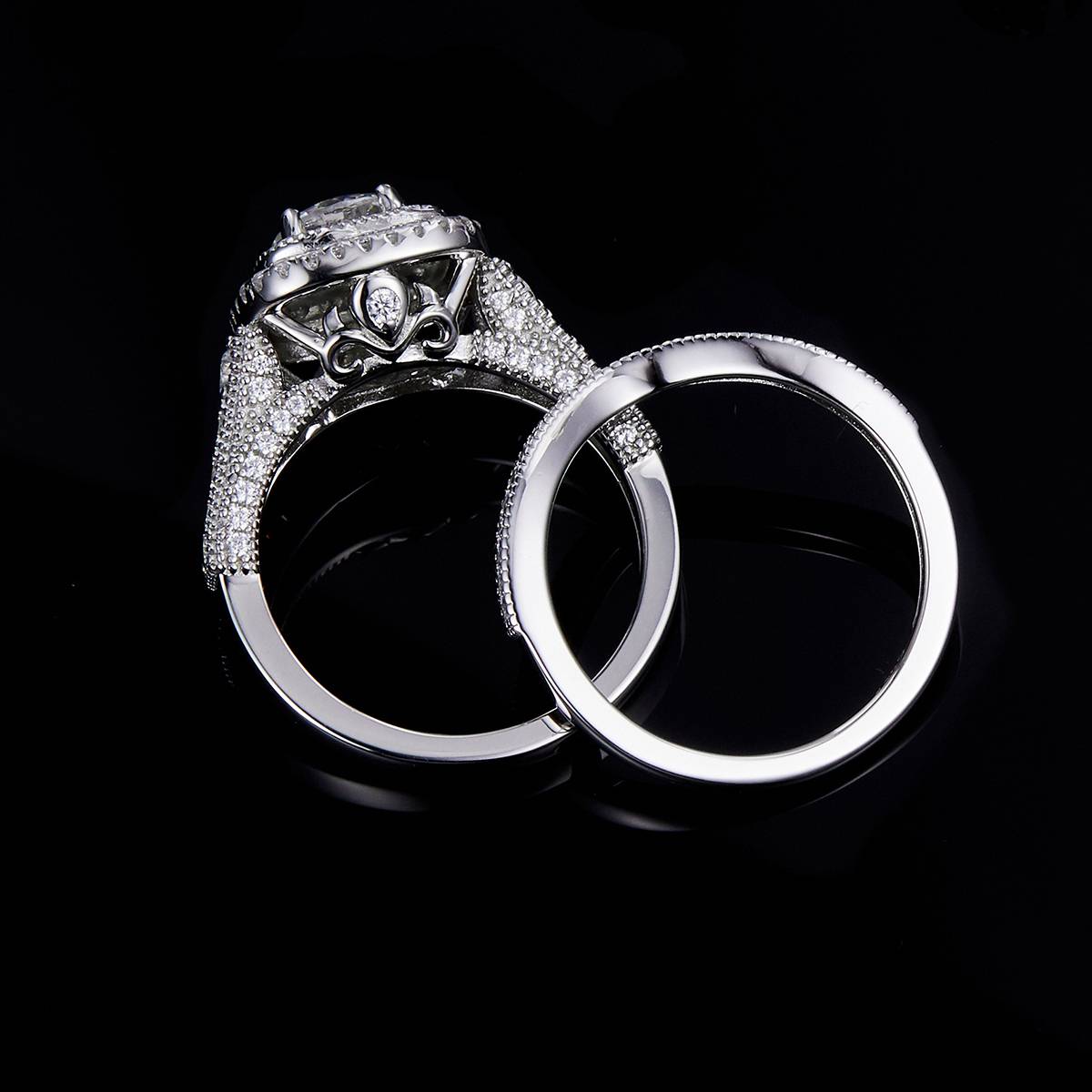 方包女戒S925银镀18k白金主副套戒叠戴定制主石莫桑钻1.0ct/副石高碳钻