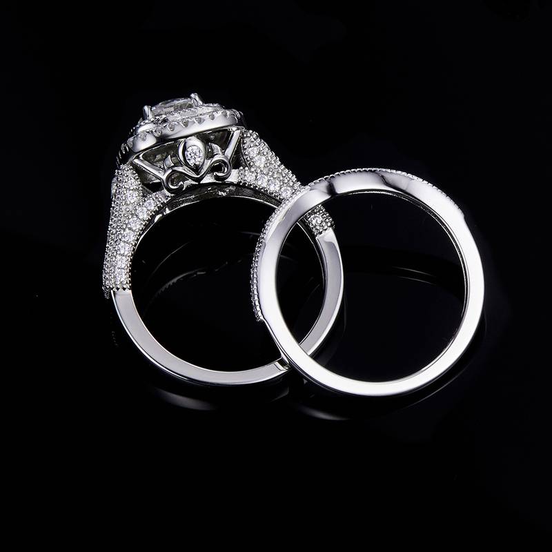 Fang Bao Women's Ring S925 Silver Plated 18k White Gold Primary and Secondary Set Ring Stacking Customized Main Stone Moissanite Diamond 1.0ct/Secondary Stone High Carbon Diamond