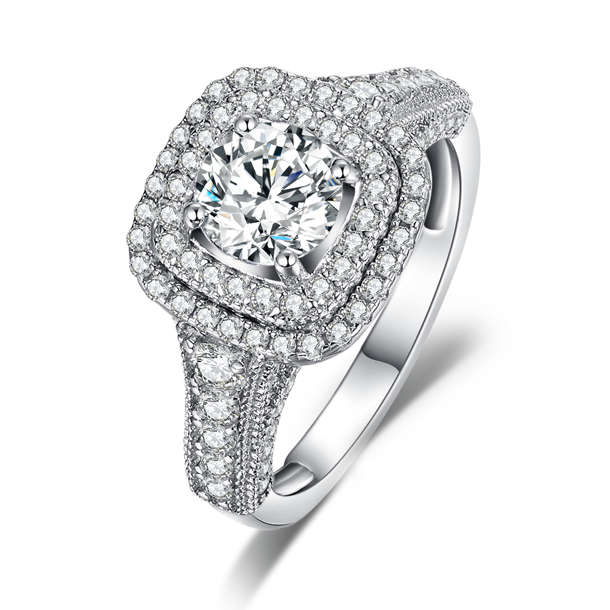 方包女戒S925银镀18k白金主副套戒叠戴定制主石莫桑钻1.0ct/副石高碳钻