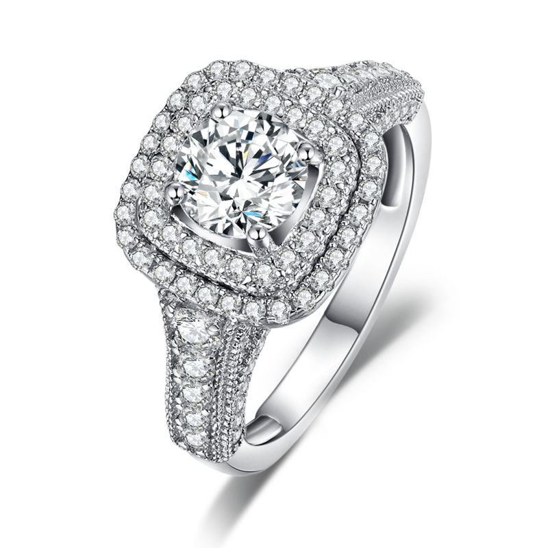 Fang Bao Women's Ring S925 Silver Plated 18k White Gold Primary and Secondary Set Ring Stacking Customized Main Stone Moissanite Diamond 1.0ct/Secondary Stone High Carbon Diamond