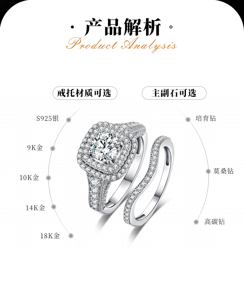 方包女戒S925银镀18k白金主副套戒叠戴定制主石莫桑钻1.0ct/副石高碳钻 - 2