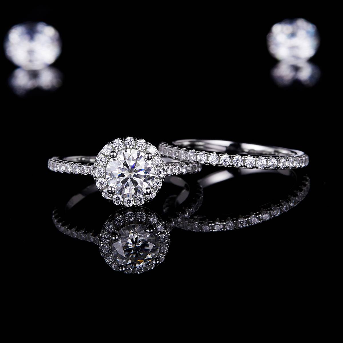 圆包女戒S925银镀18K白金主副套戒叠戴定制主石莫桑钻1.0ct/副石高碳钻