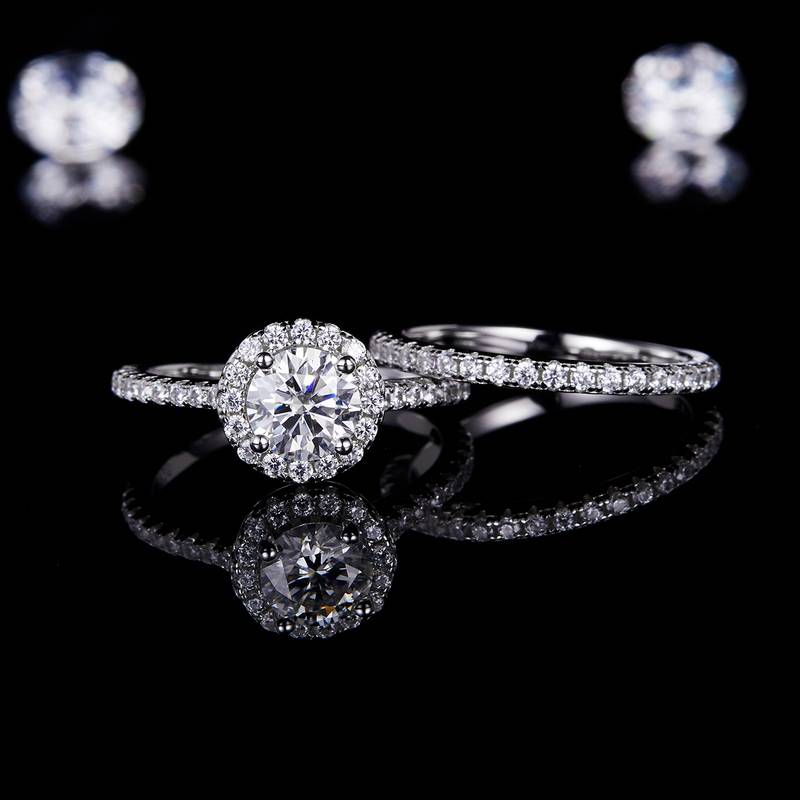 Round Bag Women's Ring S925 Silver Plated 18K White Gold Primary and Secondary Set, Stacked Customized Main Stone Moissanite Diamond 1.0ct/Secondary Stone High Carbon Diamond