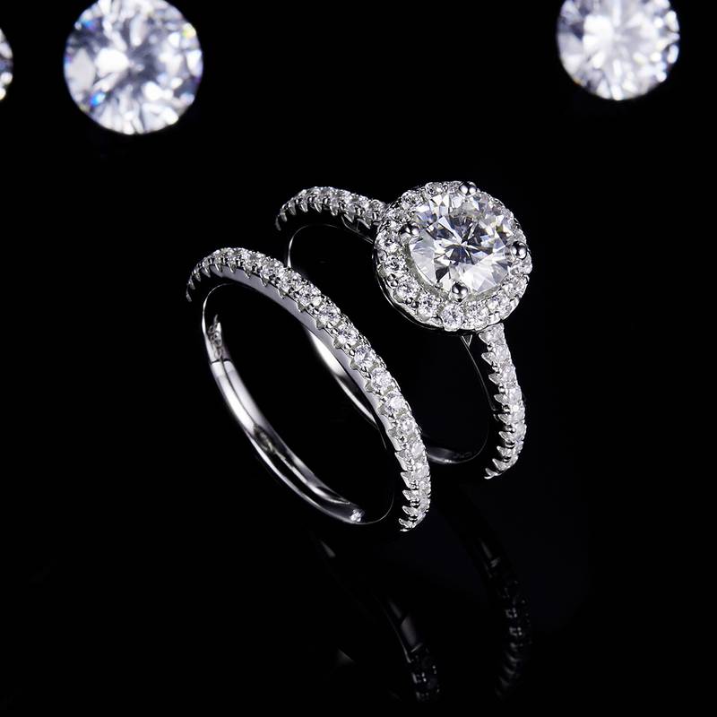 Round Bag Women's Ring S925 Silver Plated 18K White Gold Primary and Secondary Set, Stacked Customized Main Stone Moissanite Diamond 1.0ct/Secondary Stone High Carbon Diamond