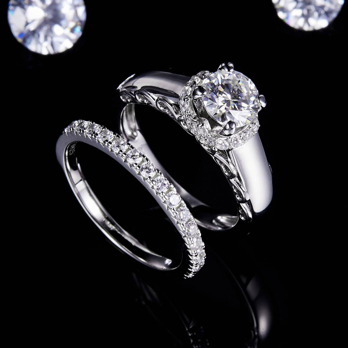 四爪女戒S925银镀18k白金主副套戒叠戴定制主石莫桑钻1.0ct/副石高碳钻