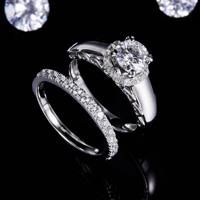 Four Claw Women's Ring S925 Silver Plated 18k White Gold Primary and Secondary Set Ring Stacked Customized Main StoneMoissanite Diamond 1.0ct/Secondary Stone High Carbon Diamond