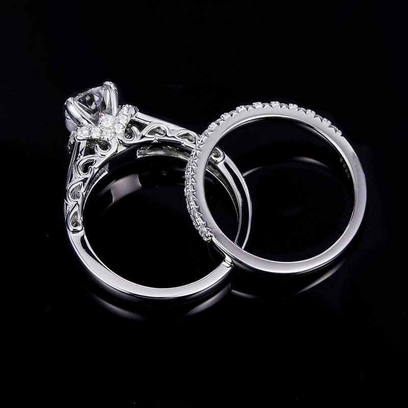 Four Claw Women's Ring S925 Silver Plated 18k White Gold Primary and Secondary Set Ring Stacked Customized Main StoneMoissanite Diamond 1.0ct/Secondary Stone High Carbon Diamond