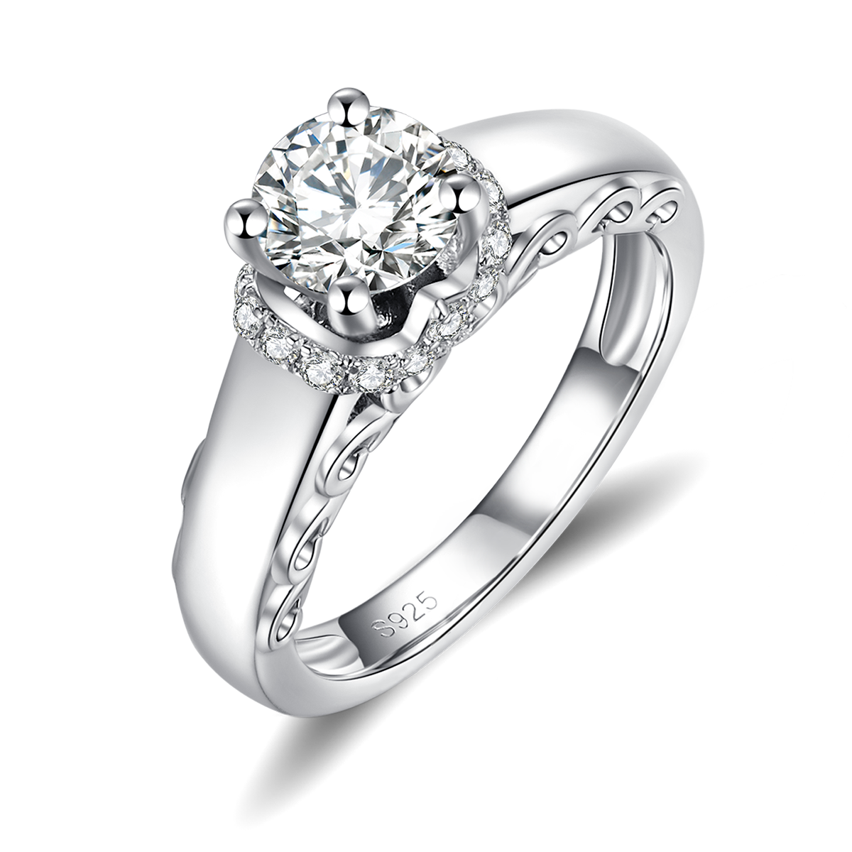 四爪女戒S925银镀18k白金主副套戒叠戴定制主石莫桑钻1.0ct/副石高碳钻
