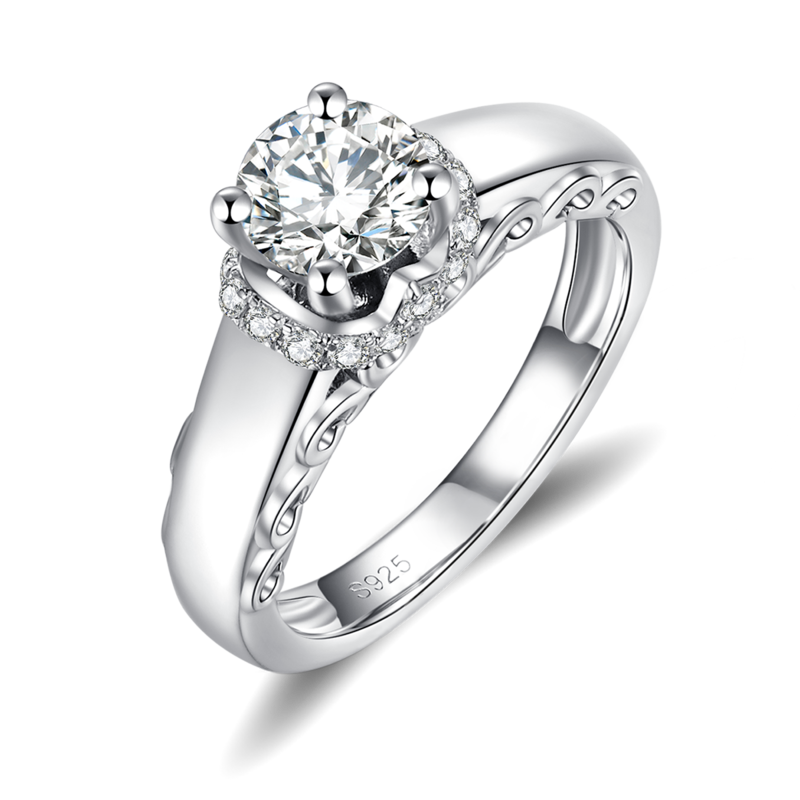 Four Claw Women's Ring S925 Silver Plated 18k White Gold Primary and Secondary Set Ring Stacked Customized Main StoneMoissanite Diamond 1.0ct/Secondary Stone High Carbon Diamond