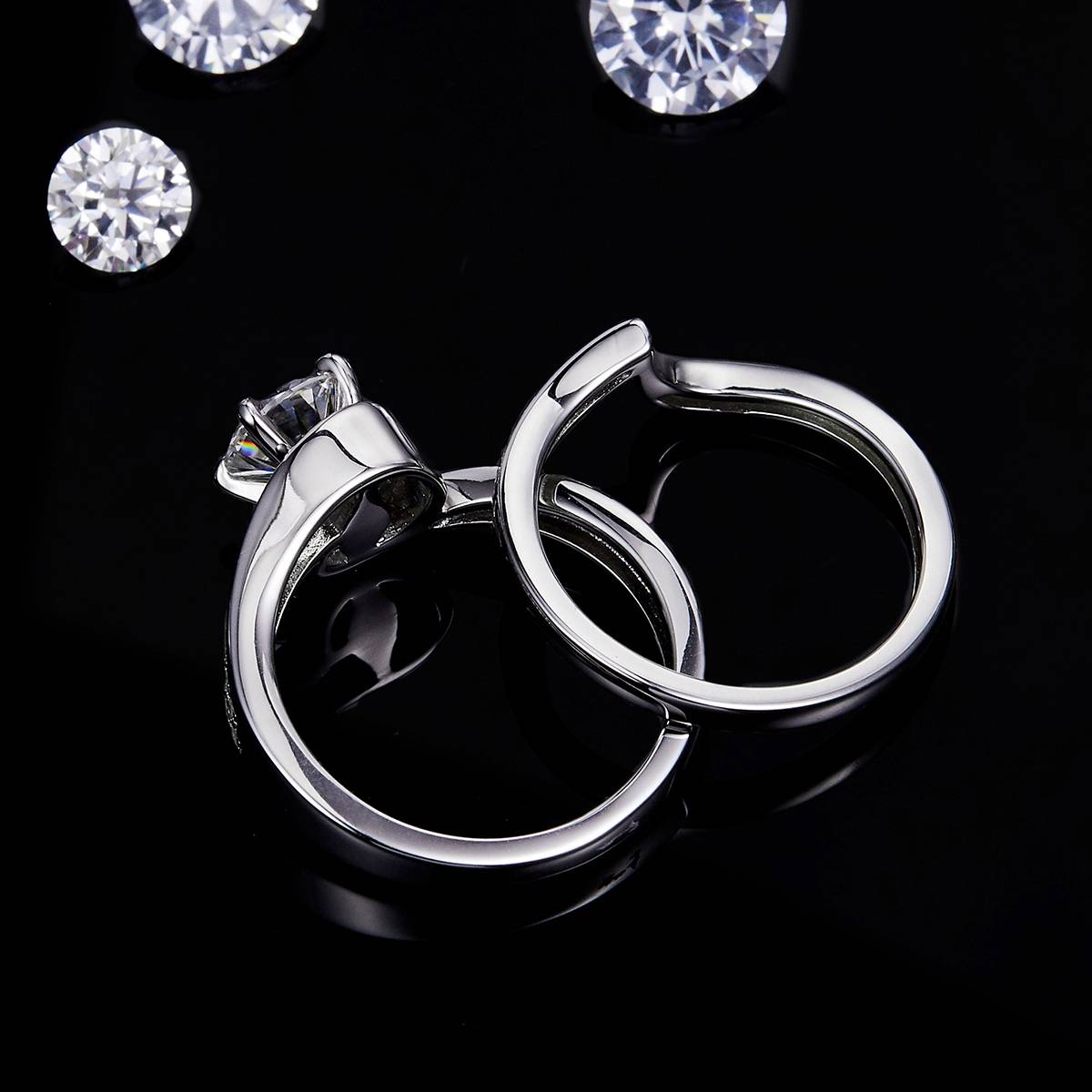 扭臂四爪女戒S925银镀白金主副套戒叠戴定制主石莫桑钻1.0ct/副石高碳钻