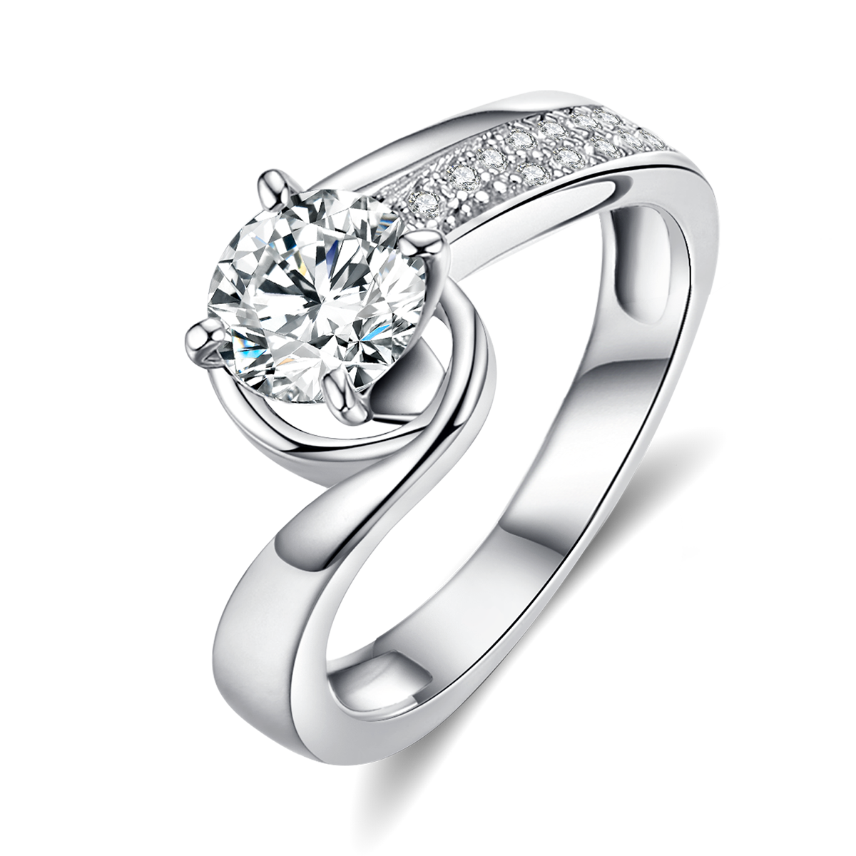 扭臂四爪女戒S925银镀白金主副套戒叠戴定制主石莫桑钻1.0ct/副石高碳钻