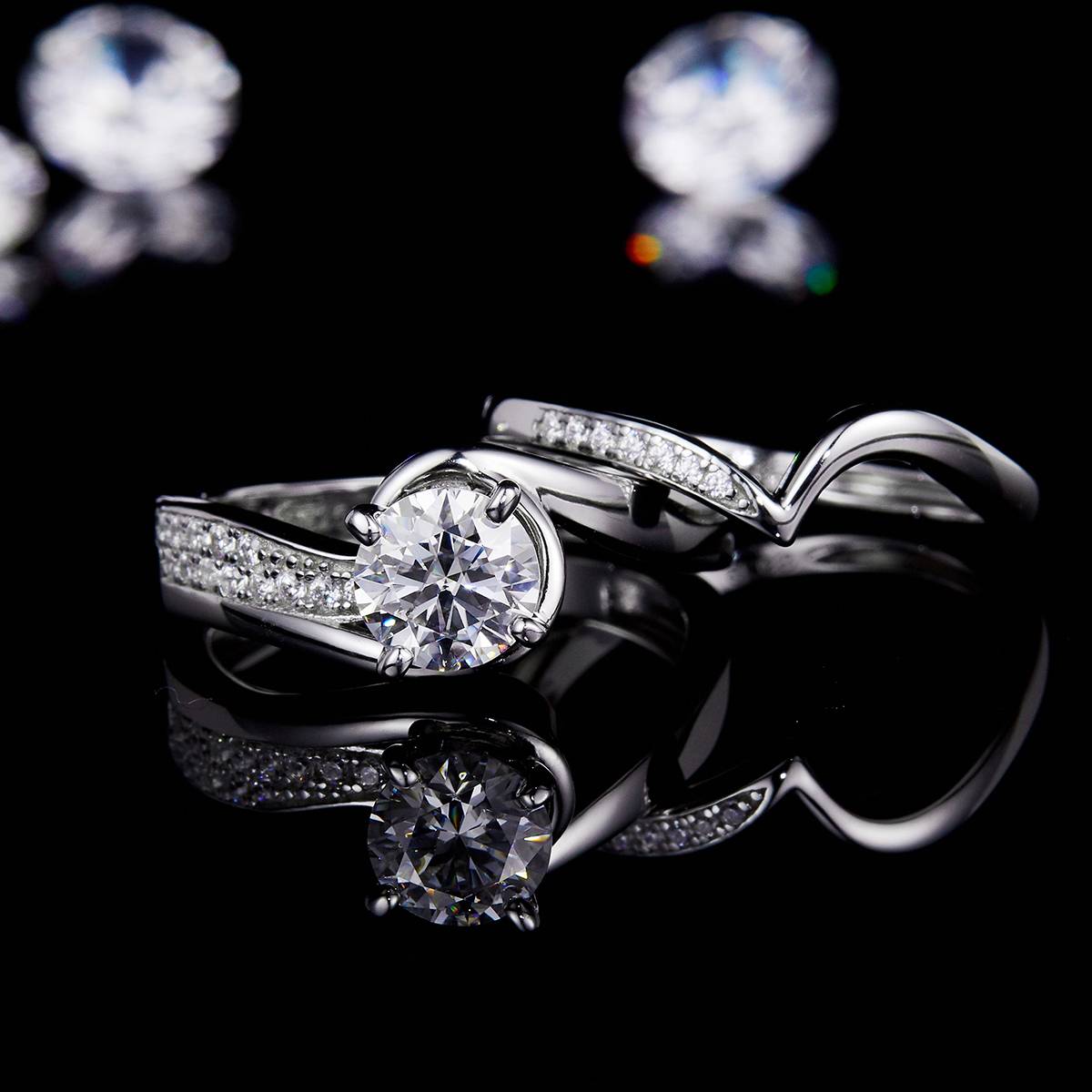 扭臂四爪女戒S925银镀白金主副套戒叠戴定制主石莫桑钻1.0ct/副石高碳钻