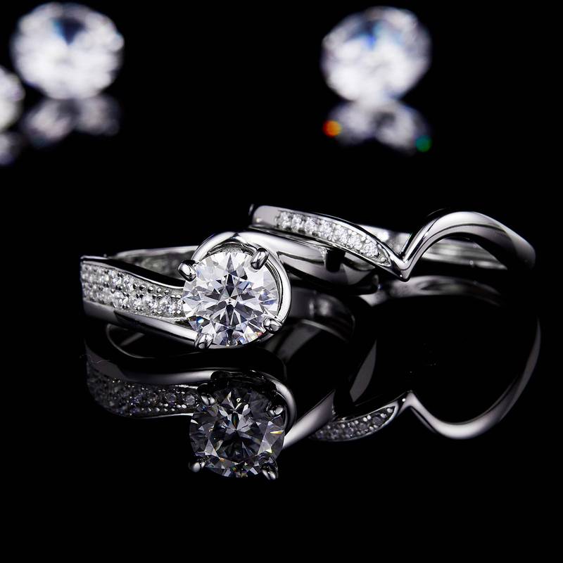 扭臂四爪女戒S925银镀白金主副套戒叠戴定制主石莫桑钻1.0ct/副石高碳钻